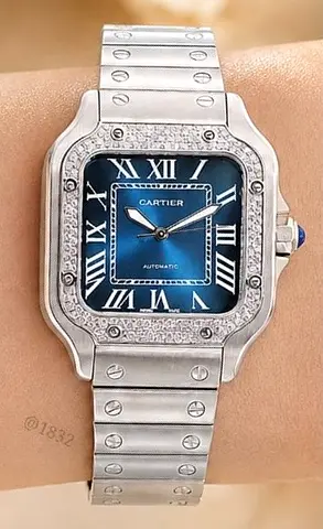 Cartier Santos Automatic Stainless Steel Master Quality Watch with Green Dial and Stones Bezel 🔥