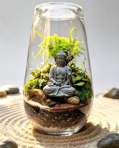 Handmade Buddha Moss Terrarium in Glass Jar - Decorative Indoor Plant