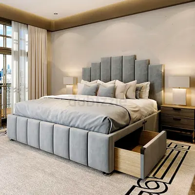 Modern Grey Upholstered Bed Frame with Storage Drawers