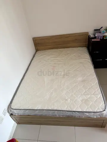 Queen bed frame with mattress - light wood, good condition