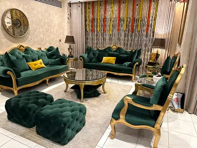 Green Velvet Classic Living Room Sofa Set with Gold Trim - 7 Pieces