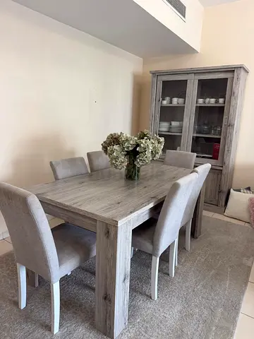6-Seater Solid Wood Look Dining Table with Chairs and Display Cabinet - Grey