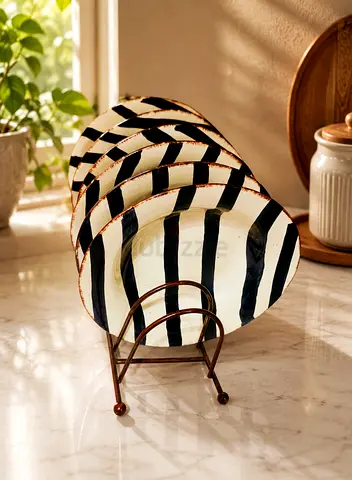 Set of 6 Decorative Black & White Striped Plates with Stand