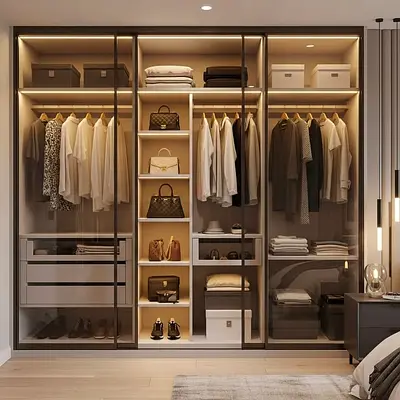 Modern built-in wardrobe with glass doors and LED lighting