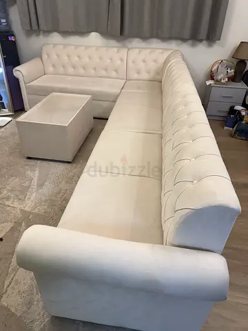Large L-shaped Beige Velvet Sofa — Good Condition