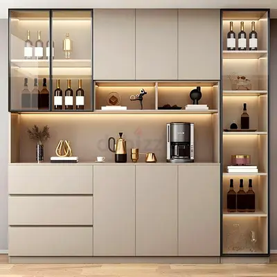 Modern Built-in Kitchen Cabinet with Display Shelves and Lighting