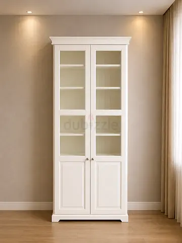 Tall White Glass-Front Cabinet / Display Cupboard - Good Condition