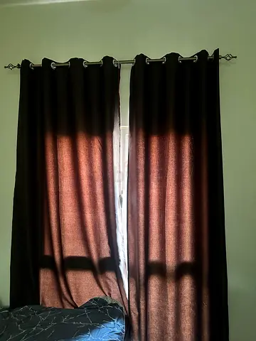 Dark brown blackout curtains with metal rod - used, good condition