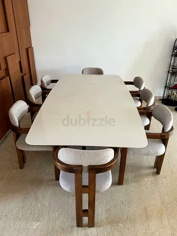 Solid Wood Dining Table with 8 Upholstered Chairs