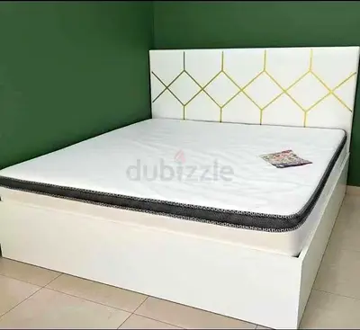 White Queen Bed Frame with Upholstered Headboard and Mattress