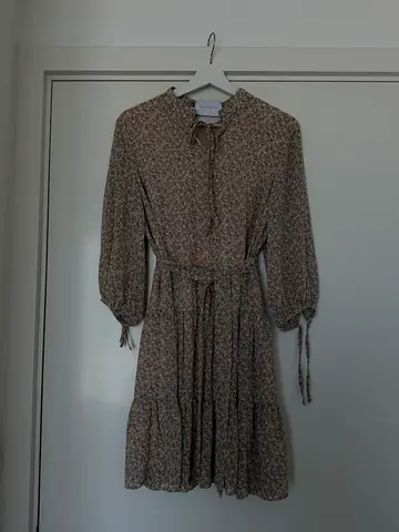 Long floral midi dress with tie waist and puff sleeves