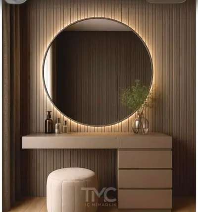 Beige Wall-Mounted Vanity Table with LED Round Mirror and Stool