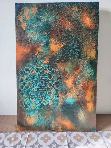 Abstract textured mixed-media wall art with turquoise and copper patine