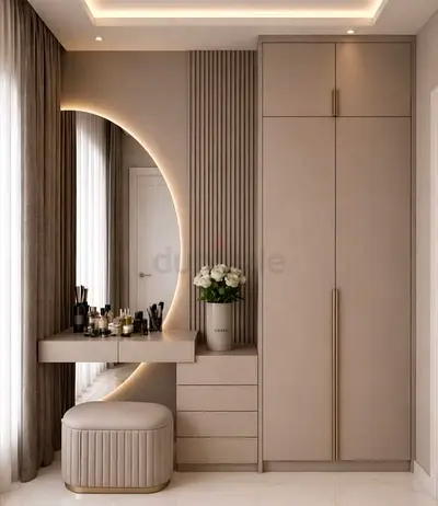 Built-in wardrobe with vanity dresser and illuminated round mirror - beige set