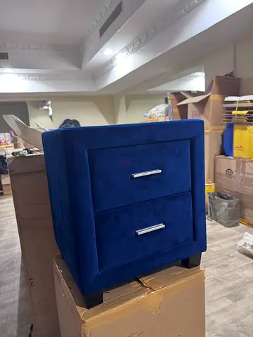 Blue Velvet Bedside Nightstand with Two Drawers