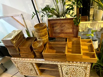 Assorted REAL Wooden dinnerware Trays, Bowls and Organizers