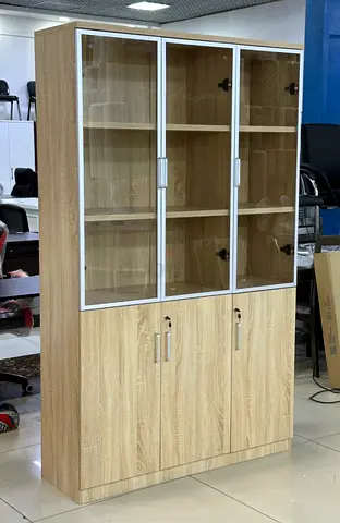 Oak Finish 3-Door Display Cabinet with Lower Storage