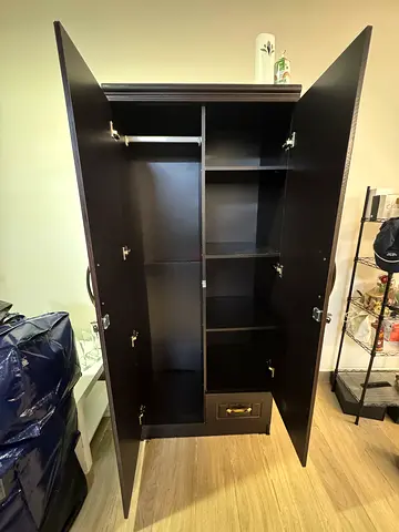 Dark Wood Wardrobe / Armoire with Shelves and Drawer