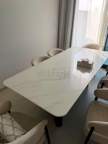Marble-effect dining table with 8 upholstered chairs