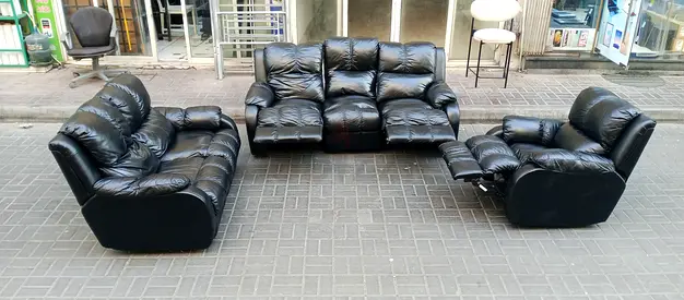 Black leather 3-piece reclining sofa set - 3-seater, 2-seater and single recliner