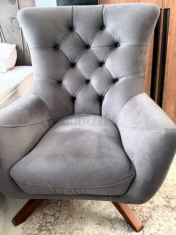 Grey velvet accent chair with wooden legs - good condition