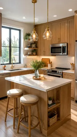 Light Wood Kitchen Island with Marble Top and Stools