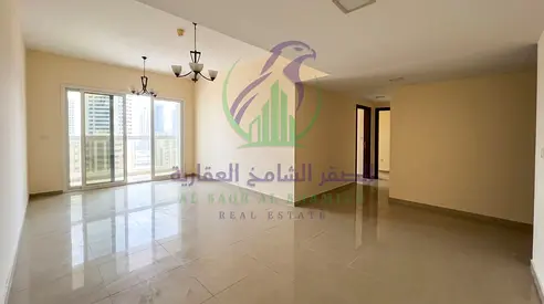 شقة غرفتين وصالة للإيجار في المجاز 2 | برج جديد | 3 حمامات | بلكونتان | غرفة ماستر | 48,000 درهم سنوياً