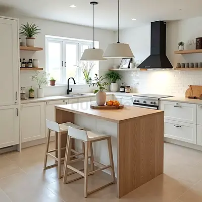 Modern kitchen island with 2 stools — light wood finish, ready to use