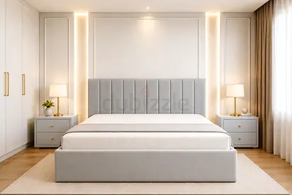 New Elegant King Size 180x200cm bed Upholstered Padded headboard and Nightstand with Mattress