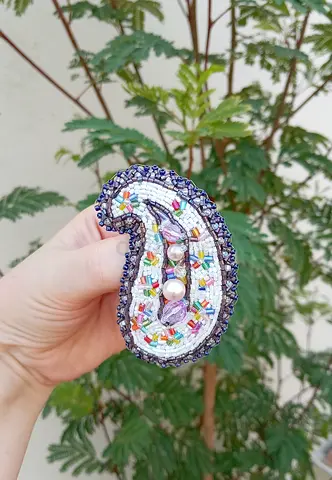 Handmade Beaded Paisley Brooch  - Multicolour