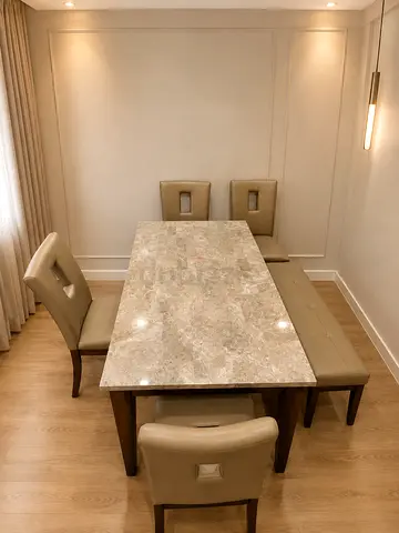 Marble-top dining table with leather chairs and bench - 6-seater set