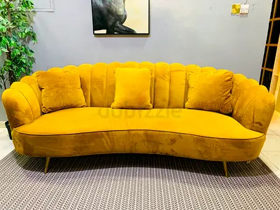 Mustard Yellow Velvet Curved 3-Seater Sofa with Scalloped Back
