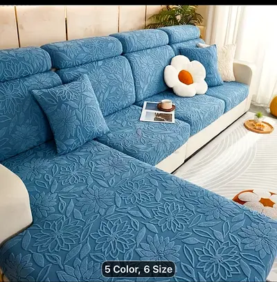 Blue Floral Stretch Sofa Cover Set (6 seater) - Removable, Machine Washable