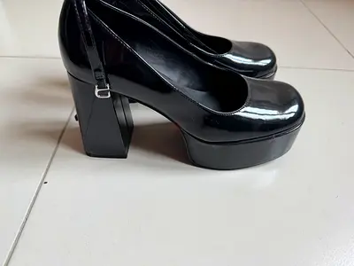 Charles & Keith, Black patent platform block heels, size 37