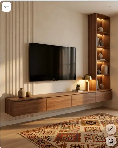 Wall-mounted TV Console with Tall Open Shelving - Walnut Finish