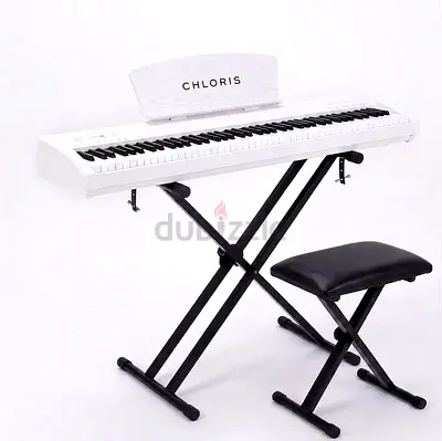 Chloris CDU 55 Digital Piano Elegant White Portable Bundle with Double-X Stand and Padded Bench