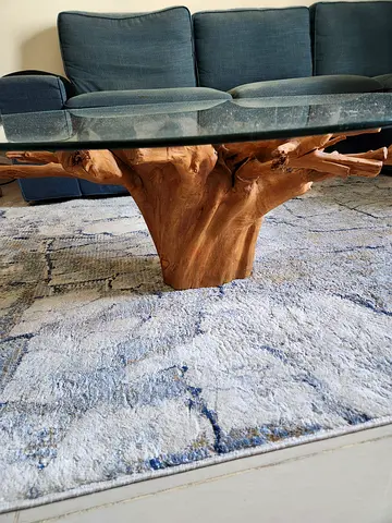 Glass round table with tree trunk base