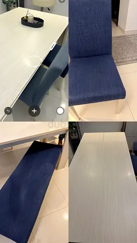 Light wood dining table with blue upholstered chairs (4 seater) - good condition