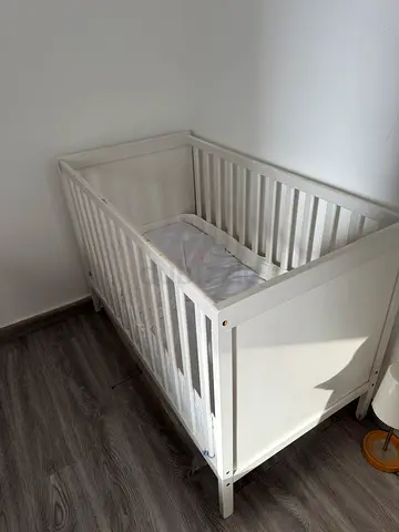 Ikea White Wooden Baby Crib - Single Cot with mattress, protector and bumper in Good Condition