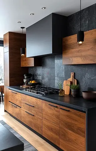 Modern walnut kitchen cabinets with black countertop and hood (set of fitted units)
