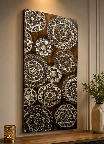 Mirror mosaic mandala wooden panel