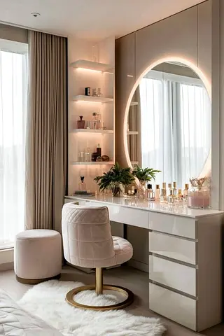 Modern Vanity Dressing Table with LED Mirror and Upholstered Swivel Chair | Custom made