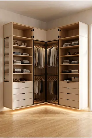 Modern Corner Wardrobe with Glass Doors - Beige Wood Finish