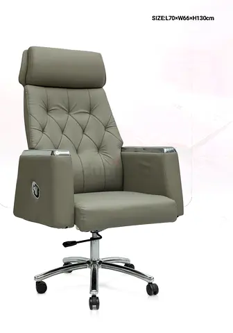 Grey Leather Executive Office Chair with Headrest and Wheels