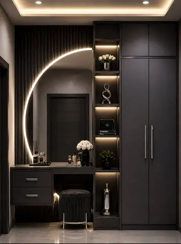 Modern Dark Grey Built-in Wardrobe with Vanity and LED Accent Lighting