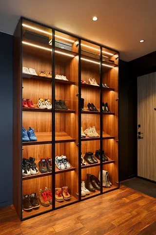 Large Wooden Display Shoe Cabinet with Glass Doors and LED Lighting