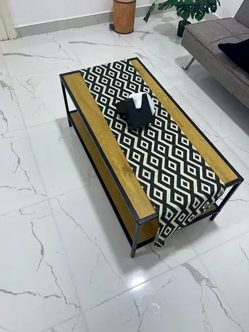 Modern industrial coffee table with geometric runner
