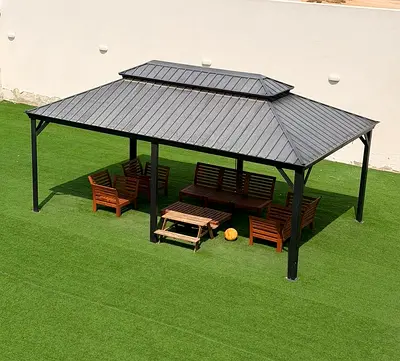 Steel-framed garden gazebo with wooden bench set - excellent condition