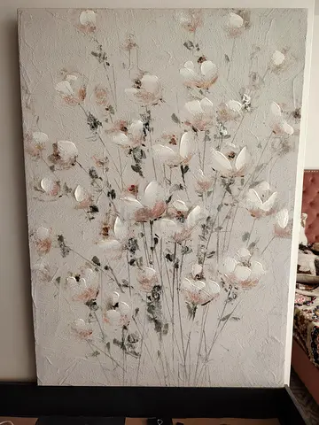 Textured Floral Canvas Painting - Neutral White & Gold Blossoms