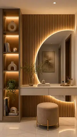 Modern wall-mounted vanity console with LED backlit mirror and stool